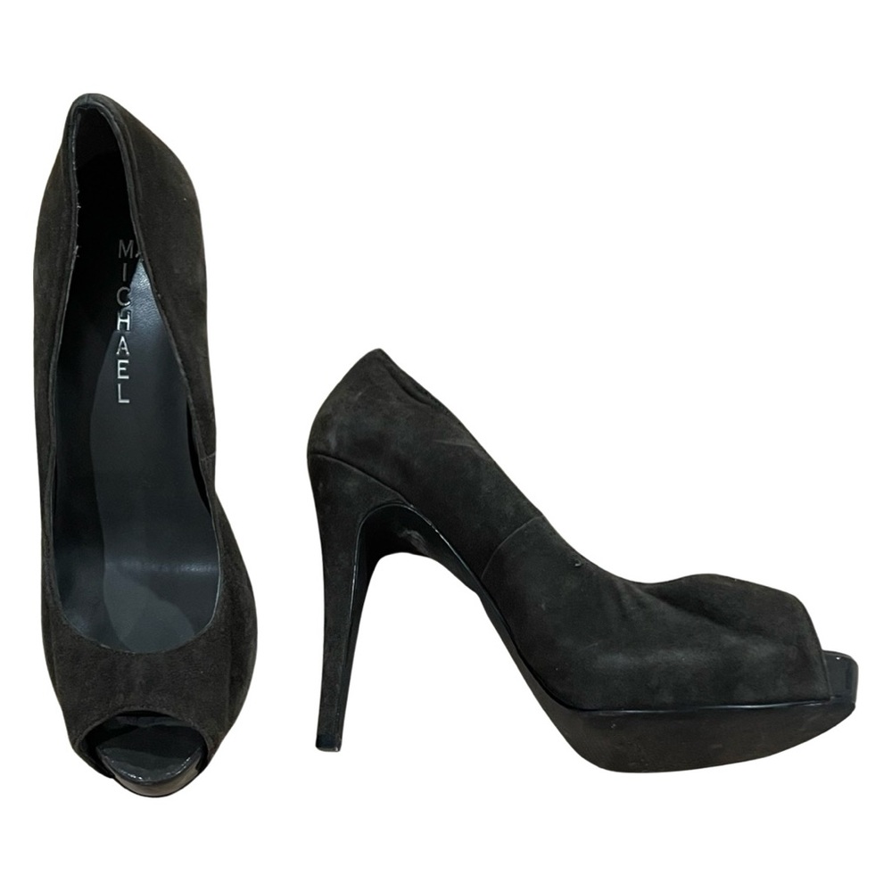 MICHAEL Leather Suede Heels Peep Toe Pumps | Christy Dark Gray size 8
